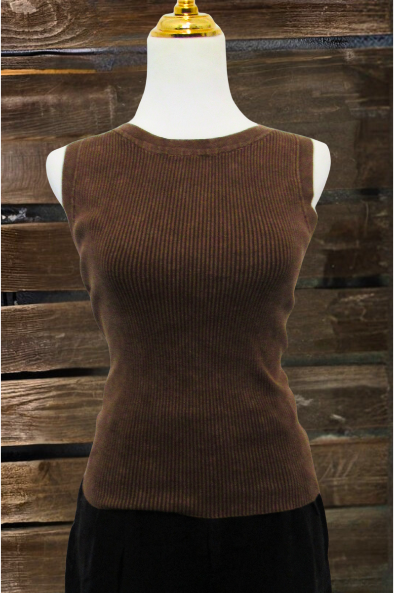 Mineral Washed Ribbed Tank Top In Brown