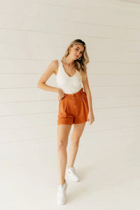 Baked Clay Linen Blend Pleated Shorts