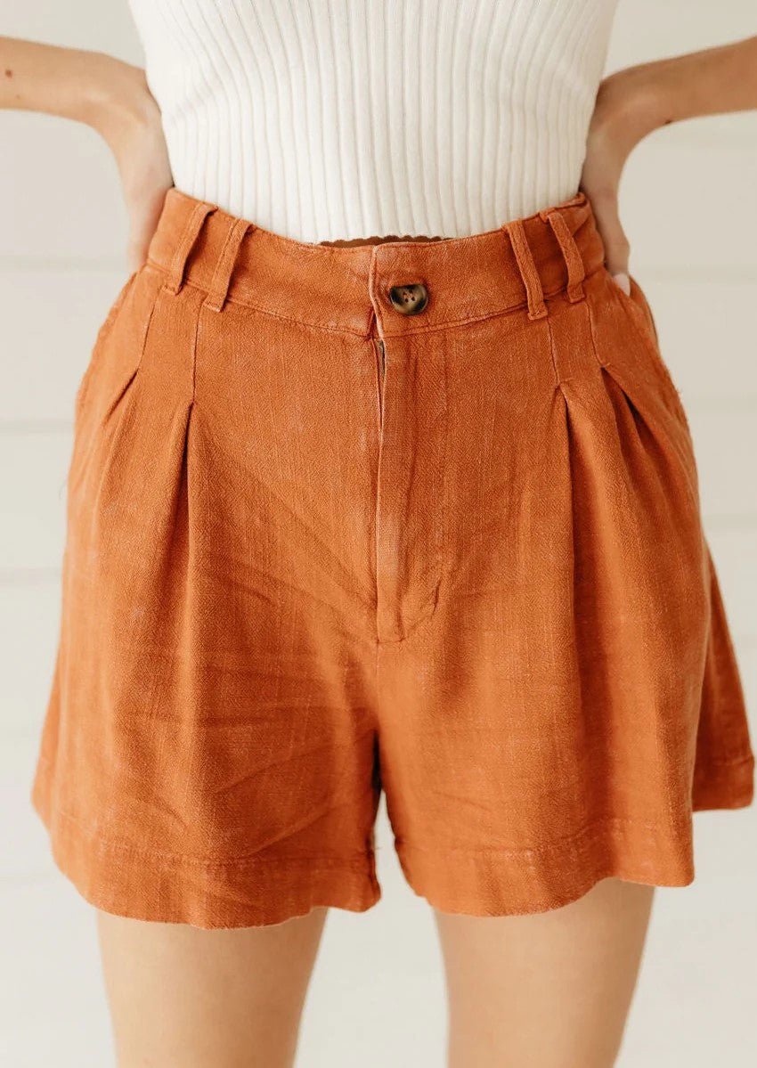 Baked Clay Linen Blend Pleated Shorts