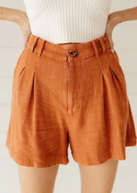 Baked Clay Linen Blend Pleated Shorts