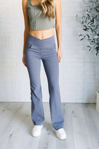 Building Habits Twill Flared Crossover Waist Pant in Titanium - Minnie's Treasure Boutique