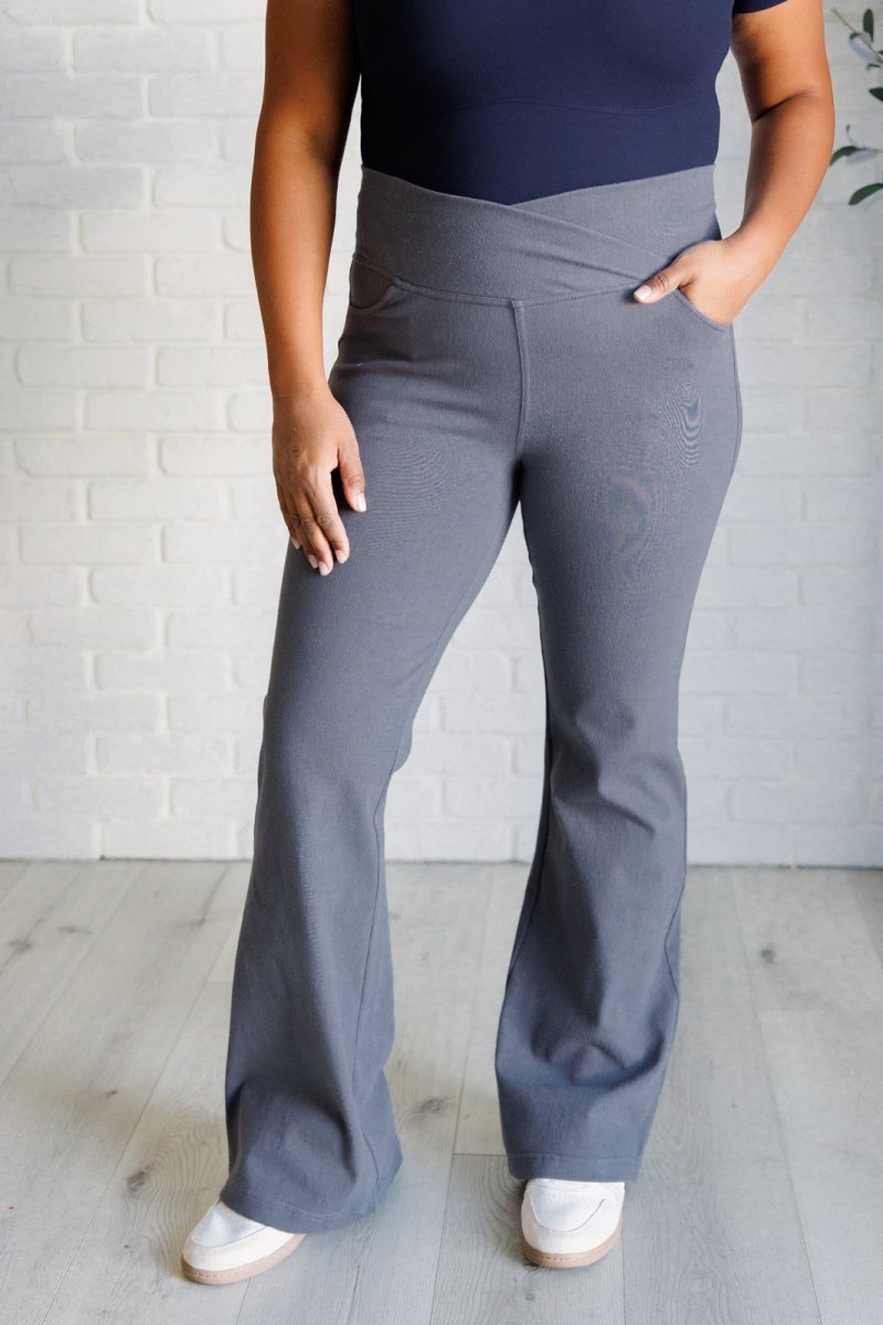 Building Habits Twill Flared Crossover Waist Pant in Titanium - Minnie's Treasure Boutique