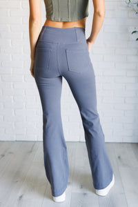 Building Habits Twill Flared Crossover Waist Pant in Titanium - Minnie's Treasure Boutique