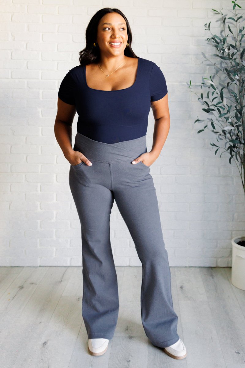 Building Habits Twill Flared Crossover Waist Pant in Titanium - Minnie's Treasure Boutique