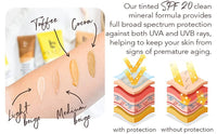 Product swatches with labeled colors and text about SPF 20 mineral sunscreen.