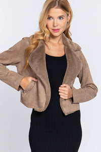 Lapel Collar Fur Detail Faux Suede Biker Jacket - Minnie's Treasure Boutique