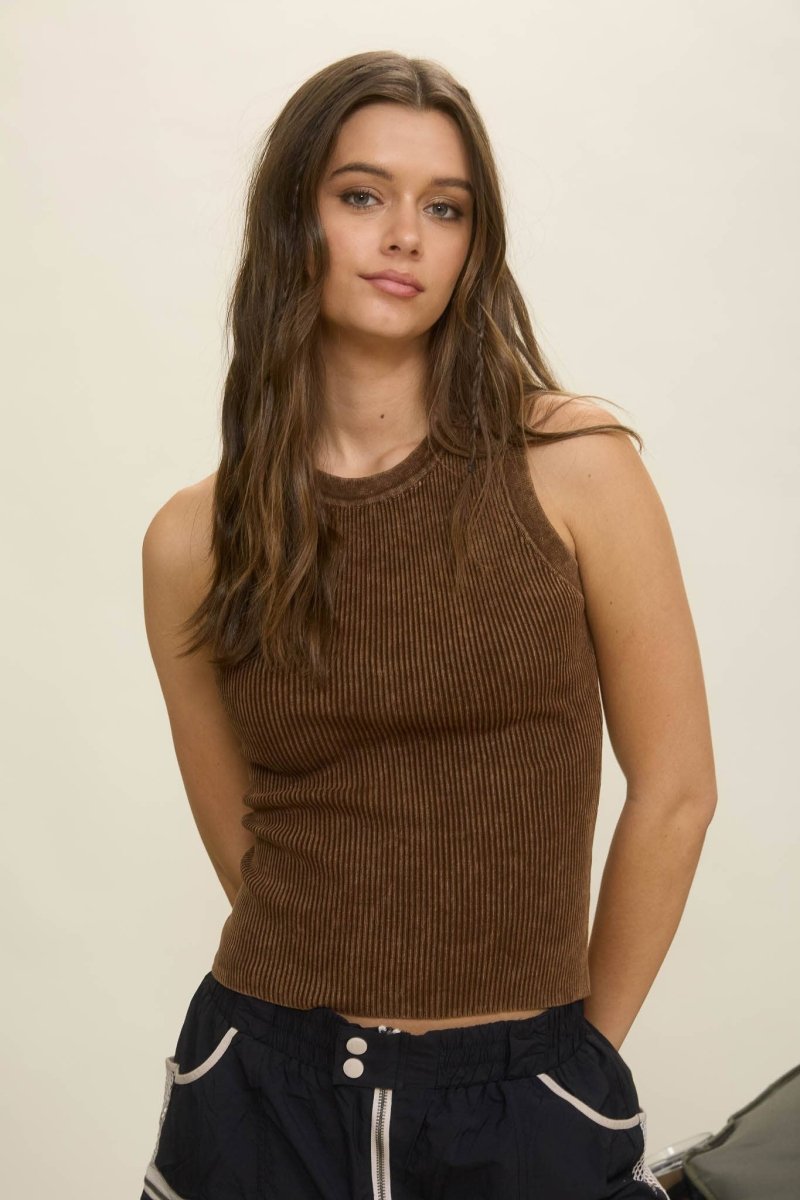 Mineral Washed Ribbed Tank Top In Brown