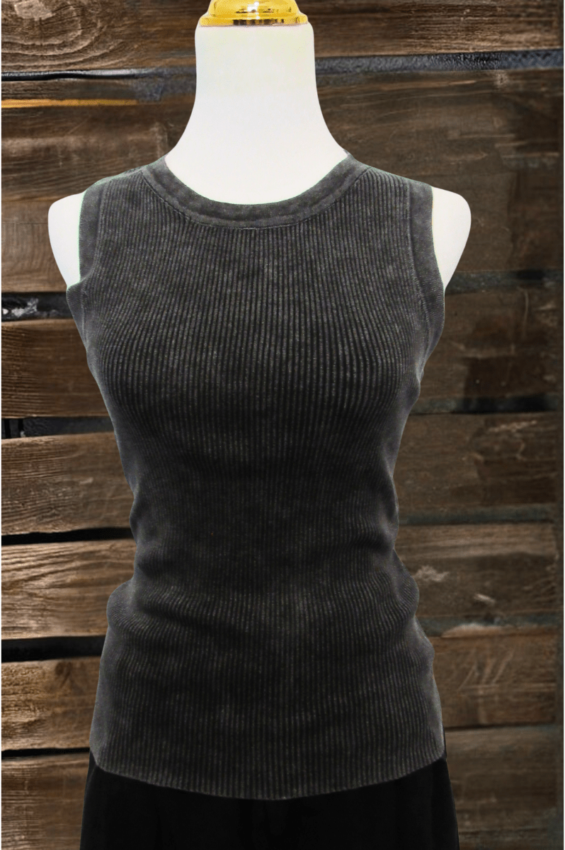 Mineral Washed Ribbed Tank Top In Charcoal