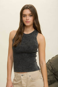 Mineral Washed Ribbed Tank Top In Charcoal