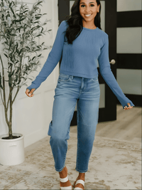 Ribbed Crew Neck Top - Blue