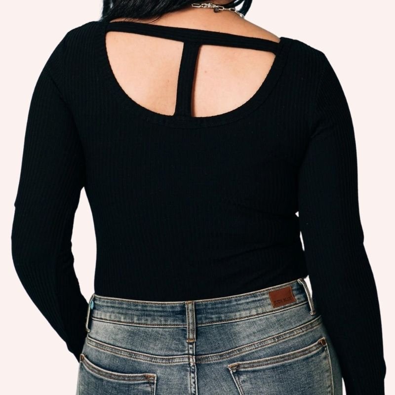 Black Ribbed Knit Cut - Out Bodysuit - Minnie's Treasure Boutique