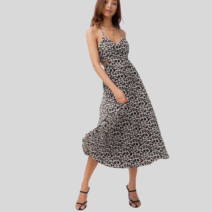 Flowy Leopard Print Cut-Out Deep V Maxi Dress