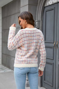 Plaid Round Neck Long Sleeve Sweater