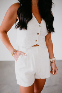 White Rayon Linen Vest Short Set