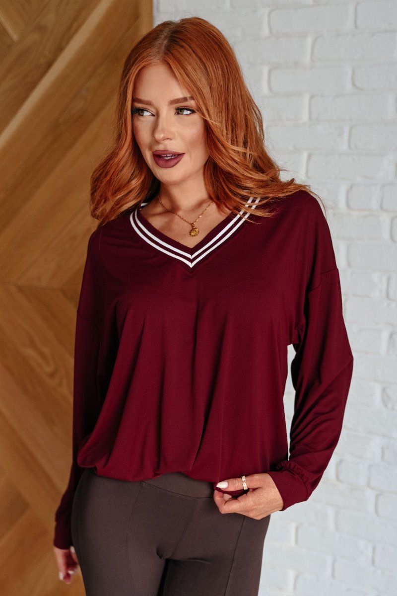 All Out Comfort V - Neck Pullover in Red Merlot