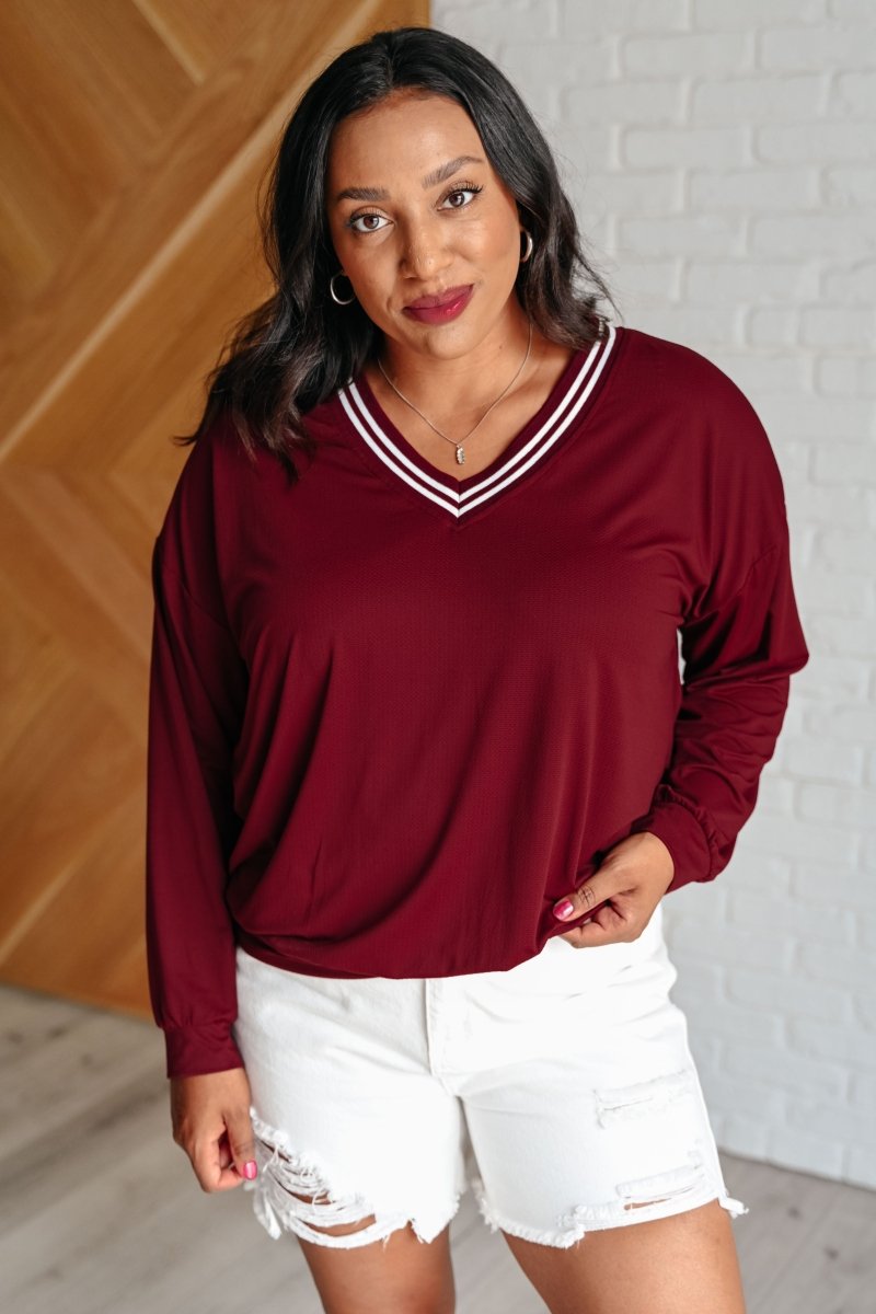 All Out Comfort V - Neck Pullover in Red Merlot