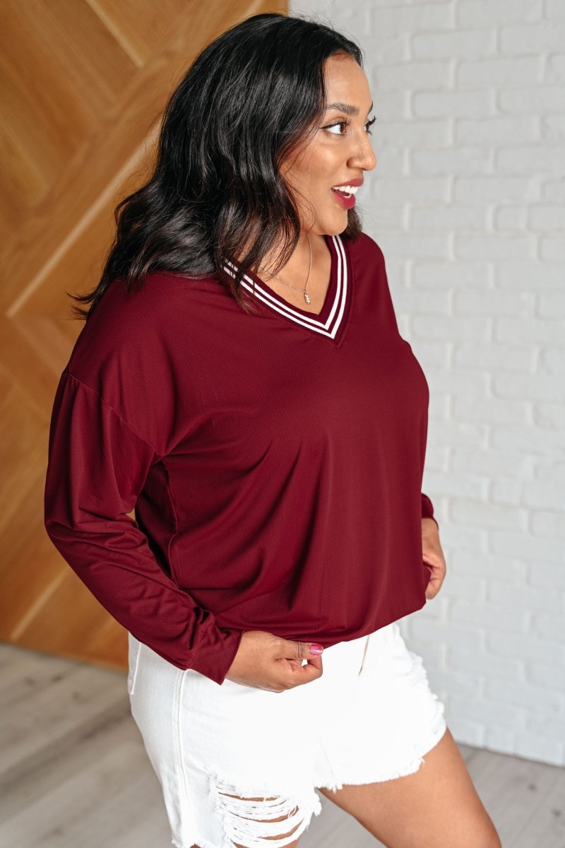 All Out Comfort V - Neck Pullover in Red Merlot