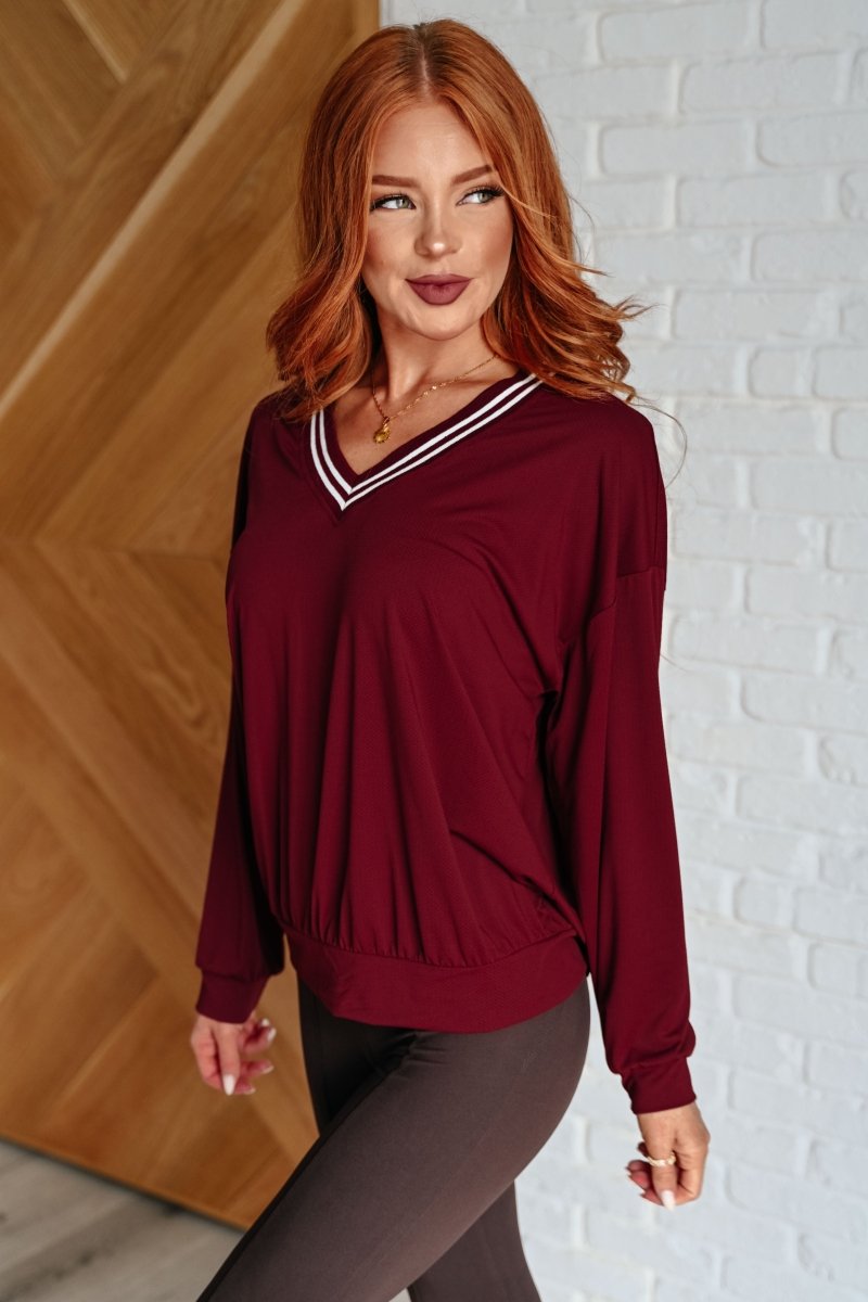 All Out Comfort V - Neck Pullover in Red Merlot