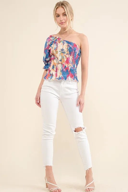 Allover Floral Print Smocked One Shoulder Blouse - Minnie's Treasure Boutique