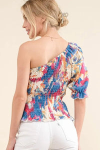 Allover Floral Print Smocked One Shoulder Blouse - Minnie's Treasure Boutique