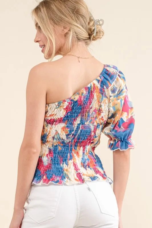 Allover Floral Print Smocked One Shoulder Blouse - Minnie's Treasure Boutique