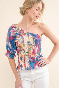 Allover Floral Print Smocked One Shoulder Blouse - Minnie's Treasure Boutique