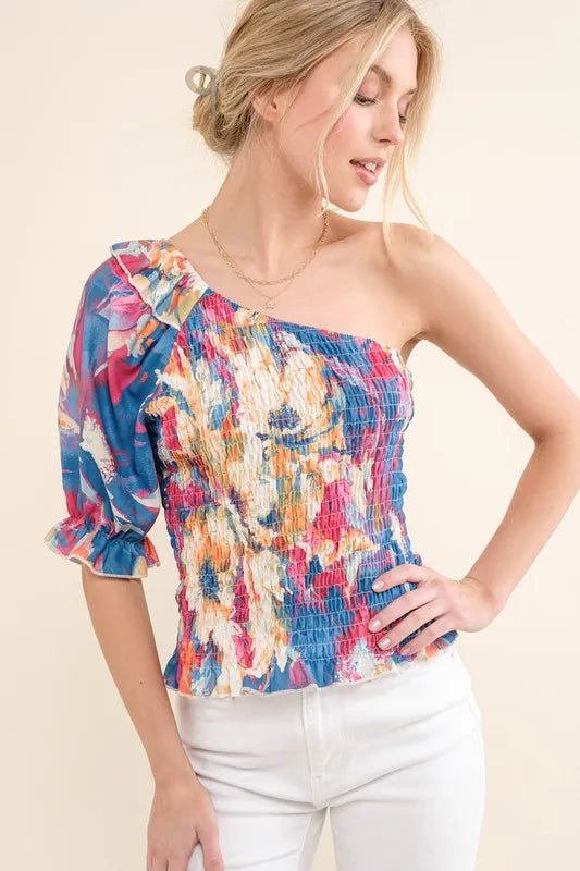 Allover Floral Print Smocked One Shoulder Blouse - Minnie's Treasure Boutique