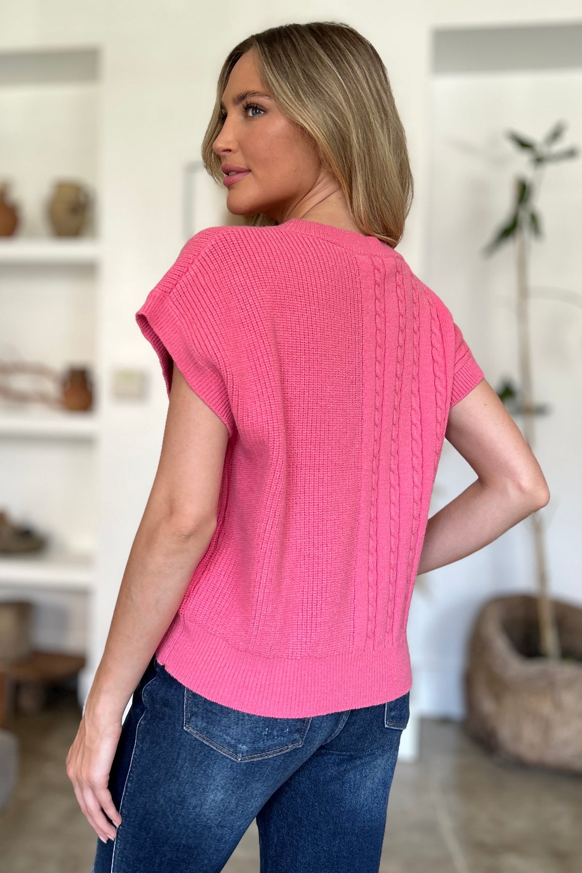 Cable-Knit Round Neck Short Sleeve Sweater