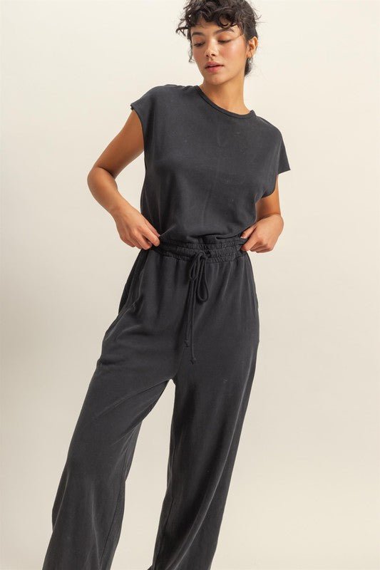 Back Keyhole Round Neck Cap Sleeve Drawstring Jumpsuit - Minnie's Treasure Boutique