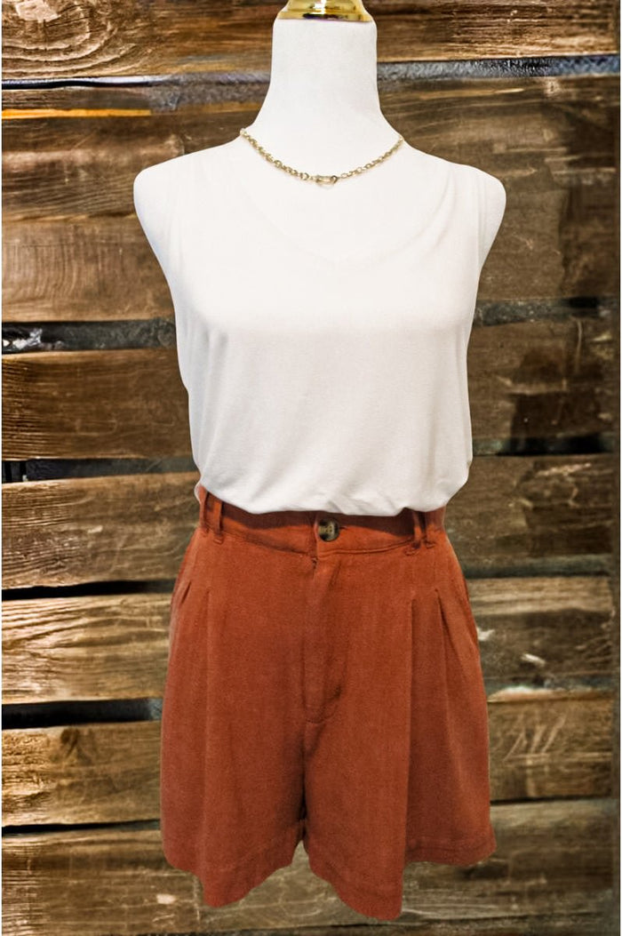 Baked Clay Linen Blend Pleated Shorts