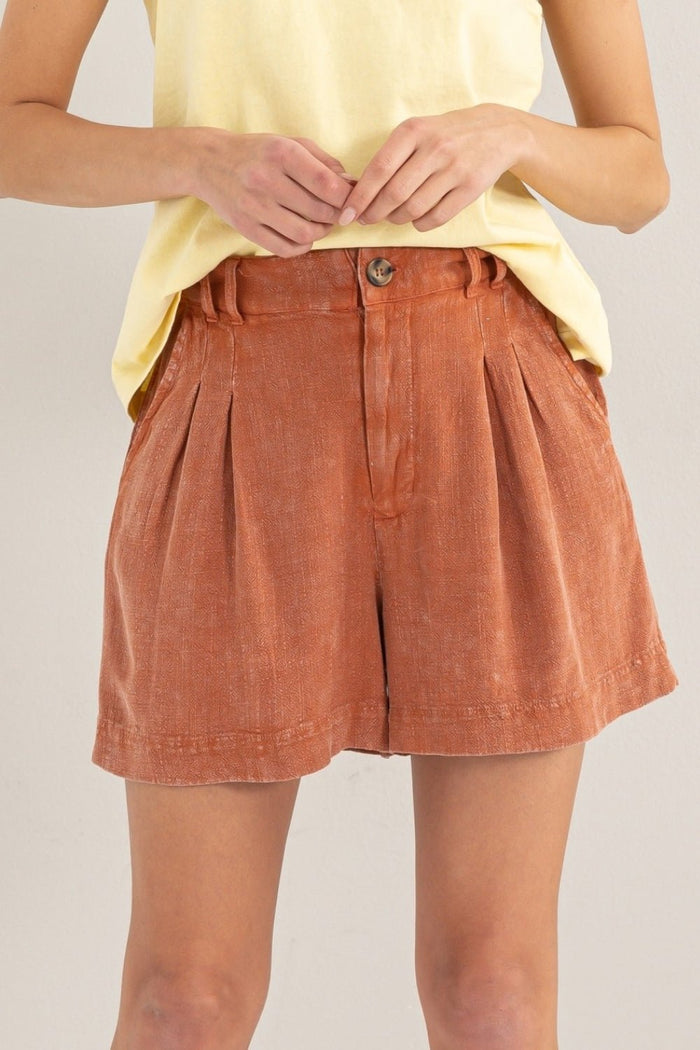 BAKED CLAY LINEN BLEND PLEATED SHORTS - Minnie's Treasure Boutique