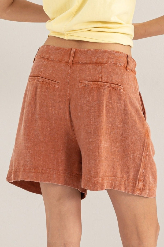 BAKED CLAY LINEN BLEND PLEATED SHORTS - Minnie's Treasure Boutique