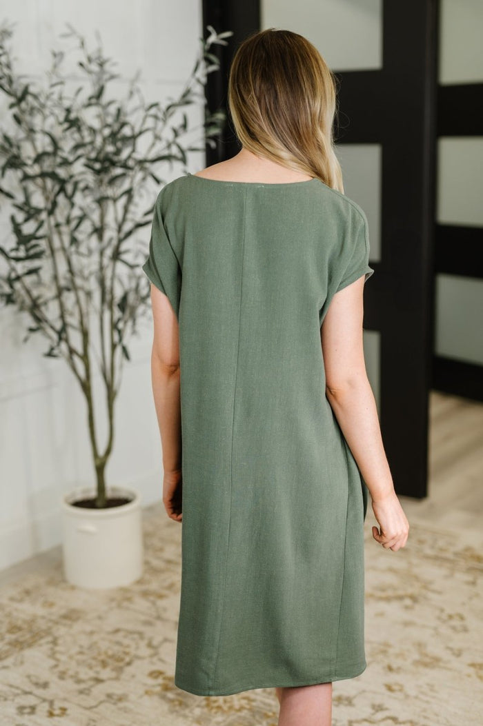 Barely Trying V - Neck Relaxed Dress in Gray Green
