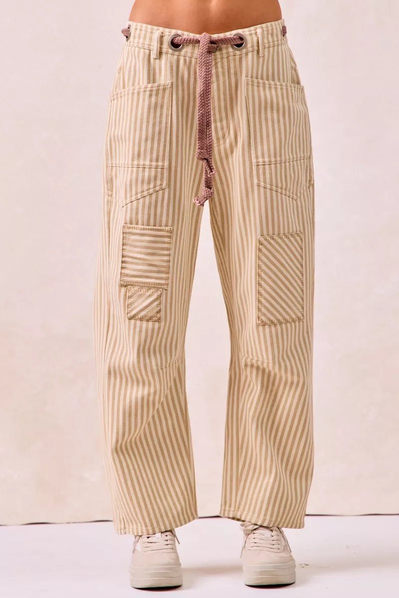 BiBi Drawstring Striped Twill Barrel Pants