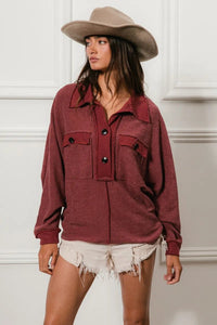 BiBi French Terry Cut Edge Collared Top
