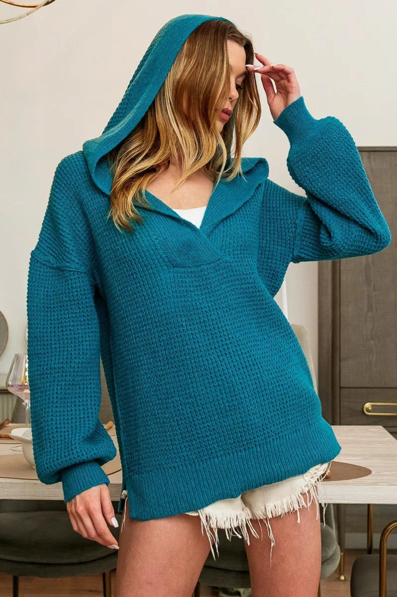 BiBi Raw Edge Detail V - Neck Sweater Hoodie