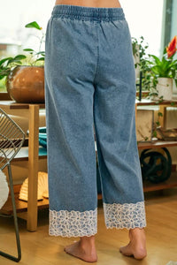 BiBi Washed Denim Waist Flower Lace Trim Pants
