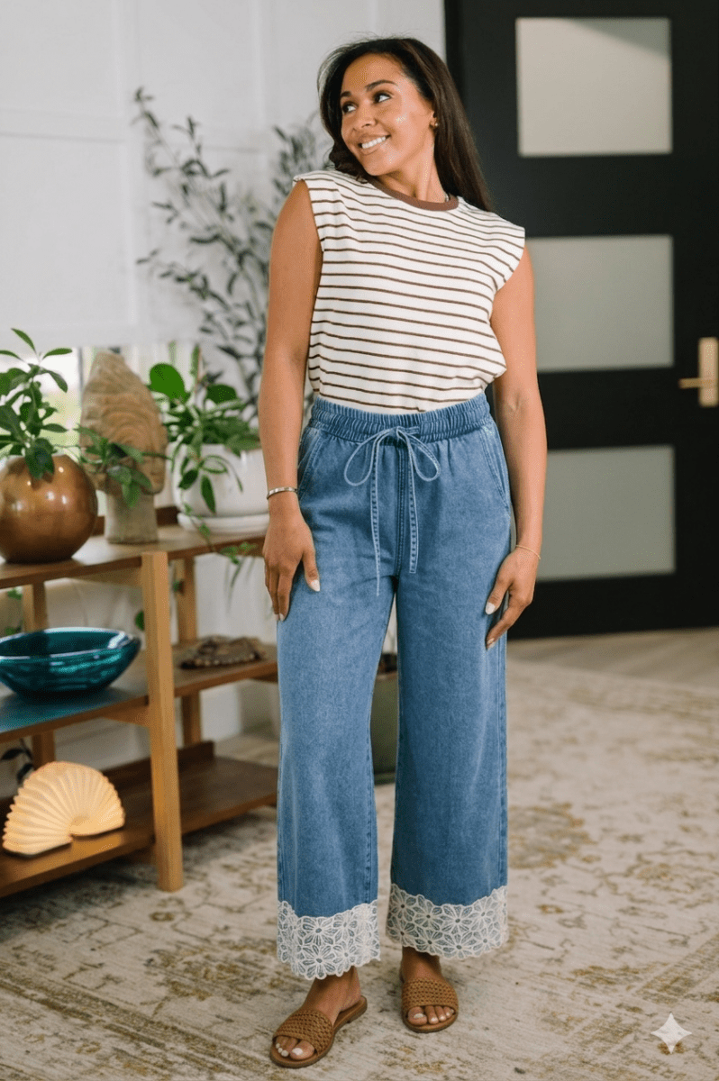 BiBi Washed Denim Waist Flower Lace Trim Pants