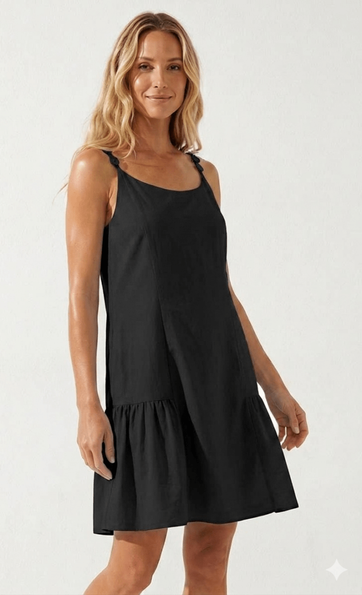 Black Button Detail Ruffle Mini Dress