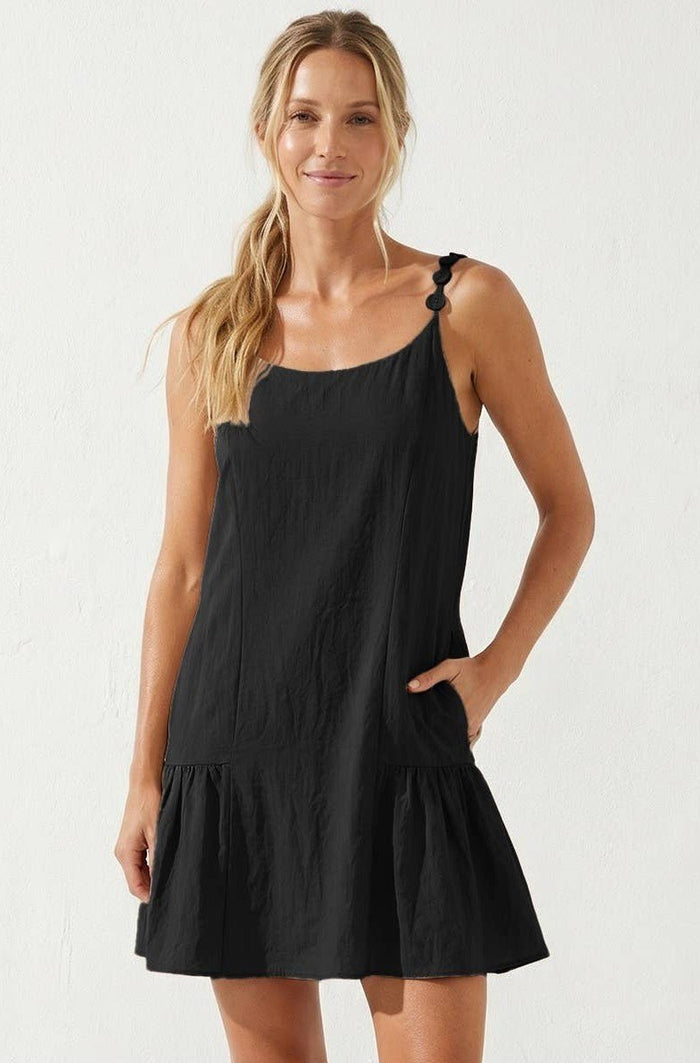 Black Button Detail Ruffle Mini Dress