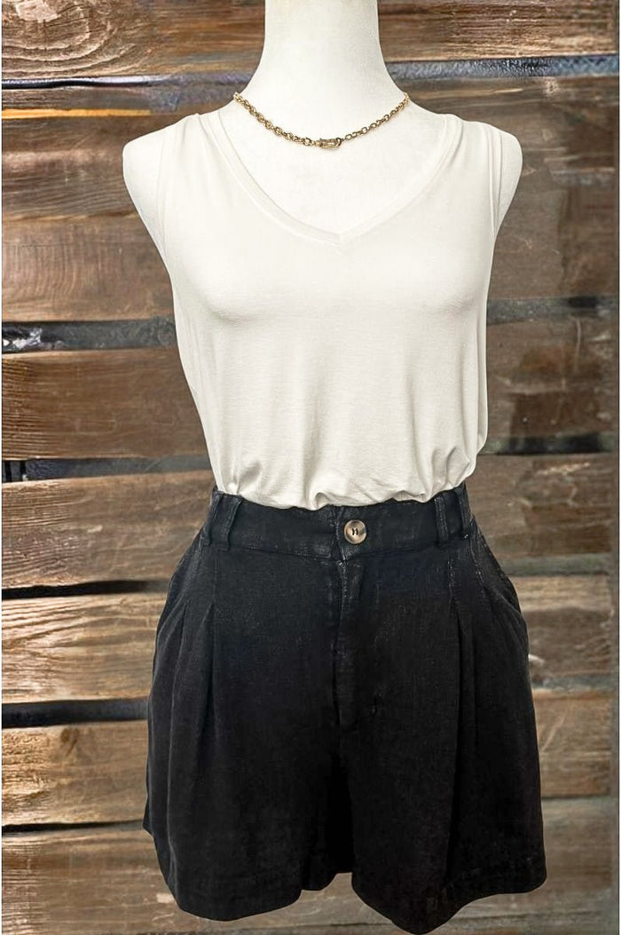 BLACK LINEN BLEND PLEATED SHORTS