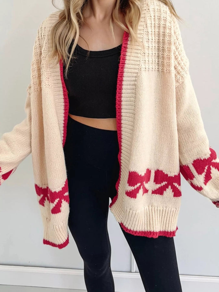 Bow Pattern Textured Open Front Cardigan