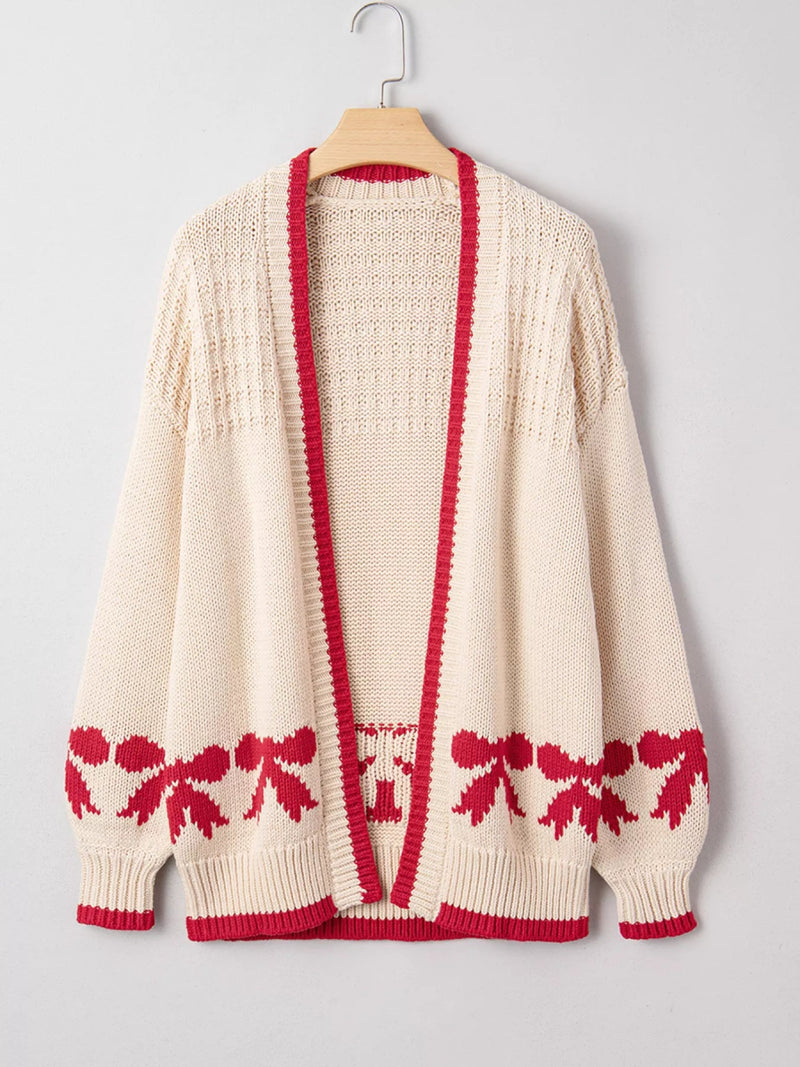 Bow Pattern Textured Open Front Cardigan