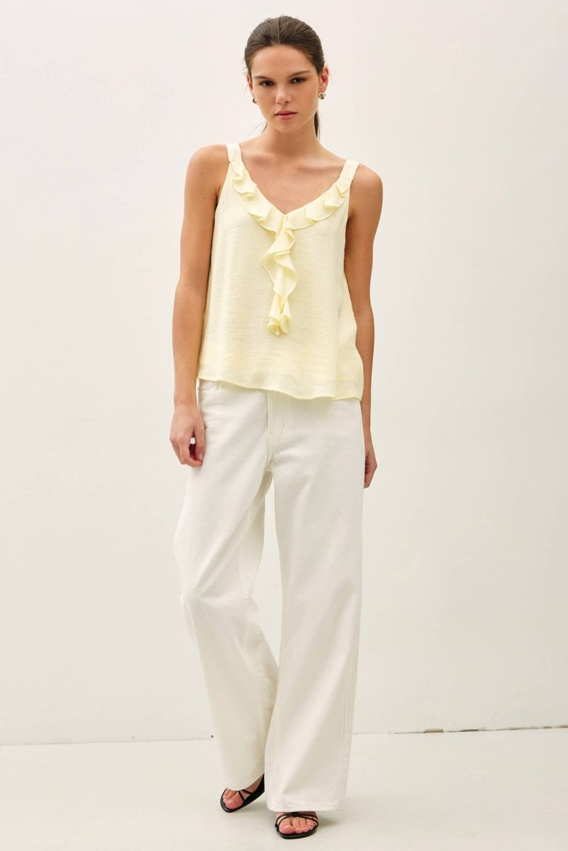 Butter Yellow Cascading Ruffle Trim Top
