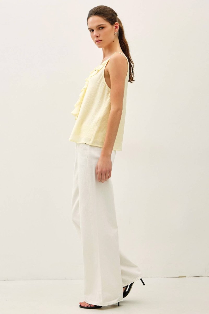 Butter Yellow Cascading Ruffle Trim Top
