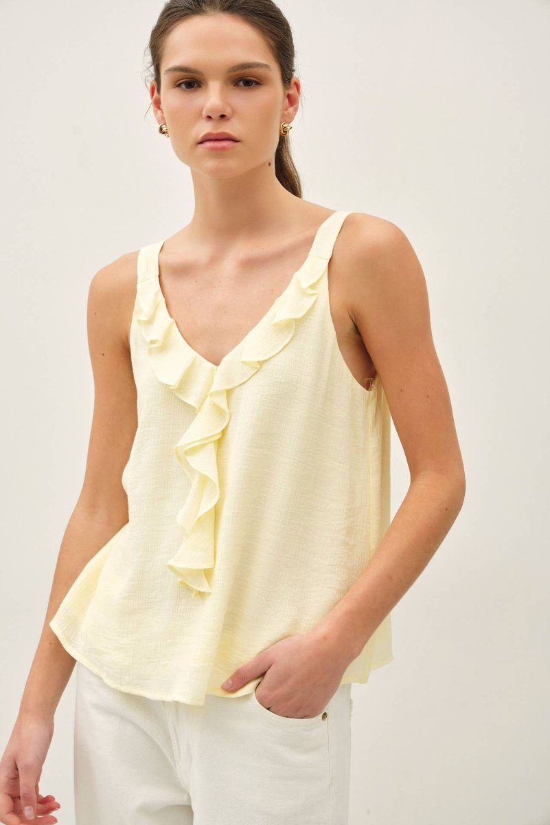 Butter Yellow Cascading Ruffle Trim Top