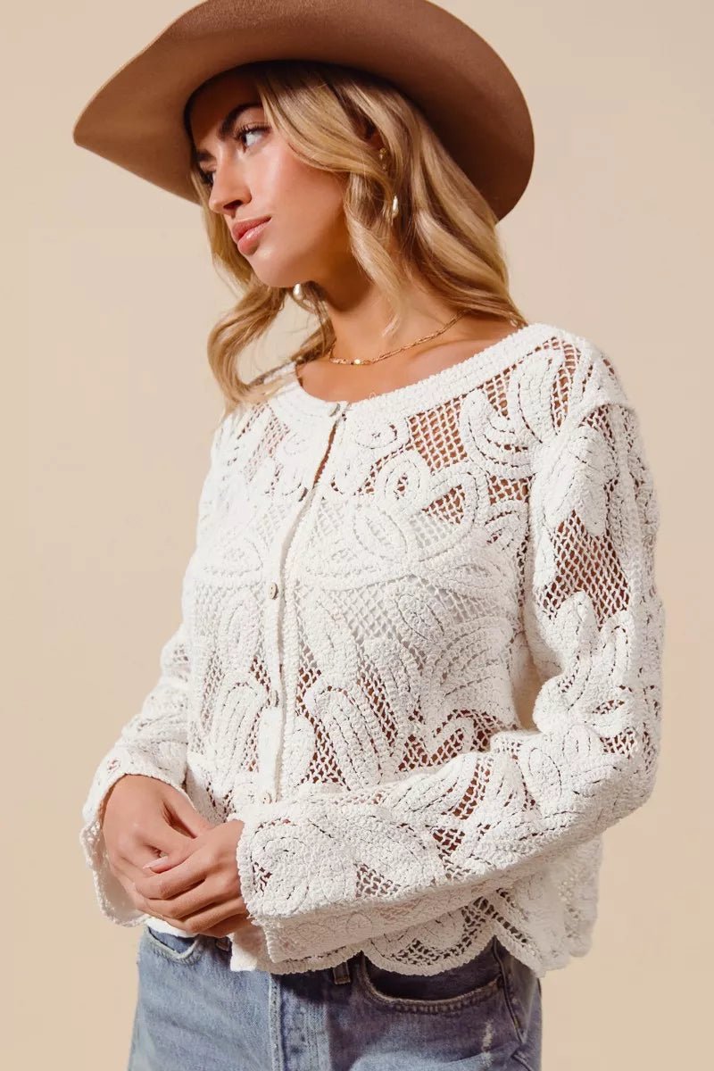 Button Front Floral Pattern Crochet Lace Cardigan