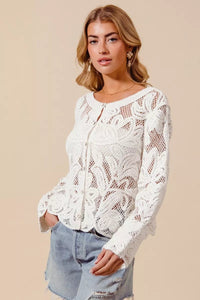Button Front Floral Pattern Crochet Lace Cardigan