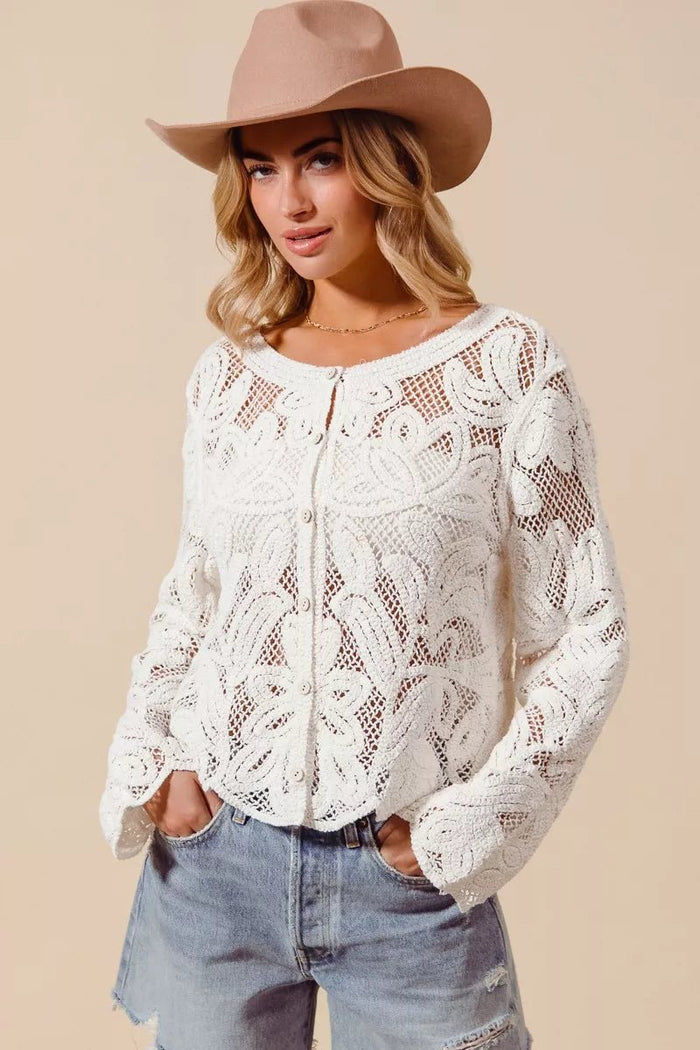 Button Front Floral Pattern Crochet Lace Cardigan