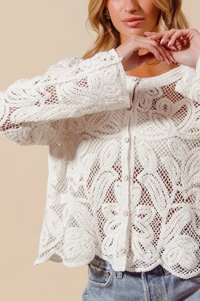 Button Front Floral Pattern Crochet Lace Cardigan